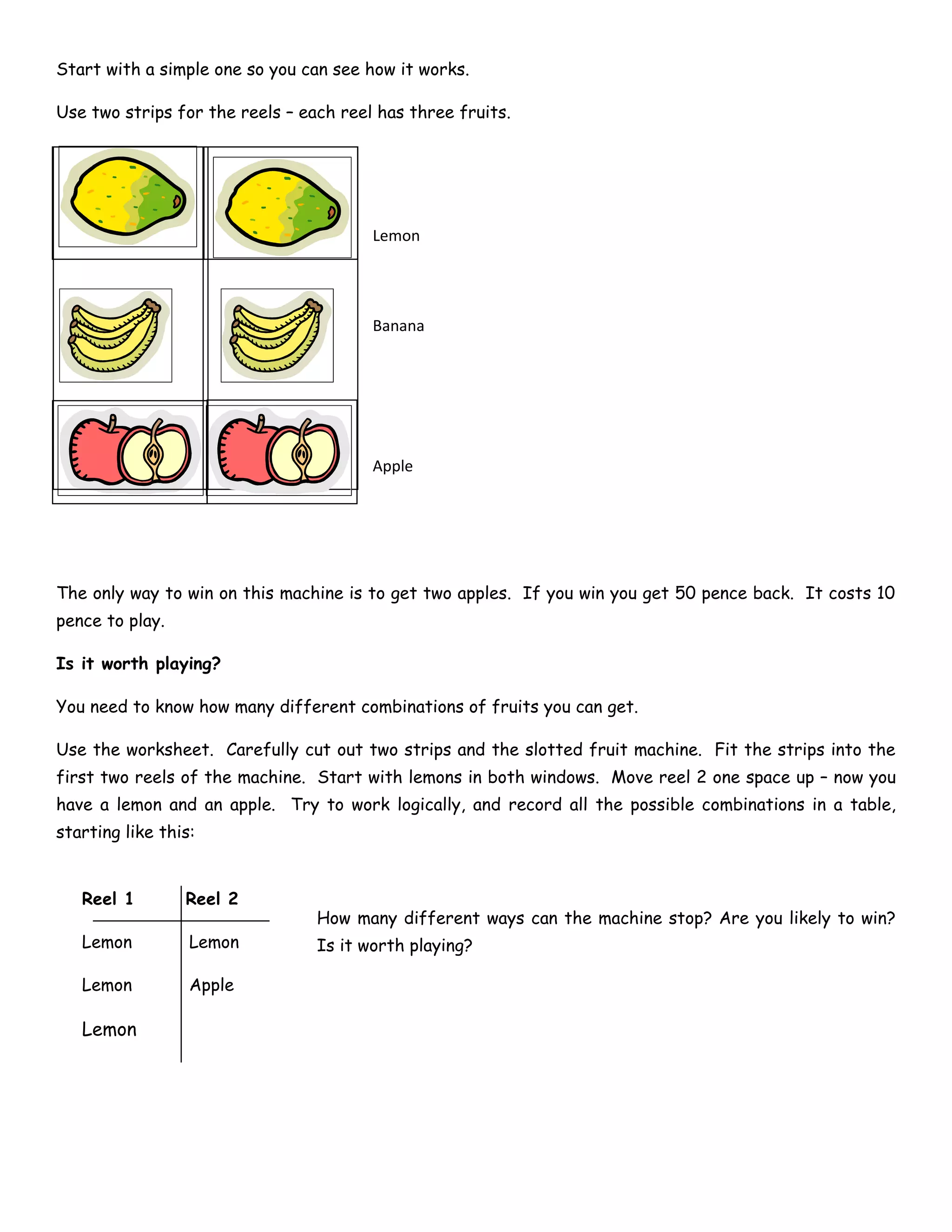 Start with a simple one so you can see how it works.

Use two strips for the reels – each reel has three fruits.




                                        Lemon




                                        Banana




                                        Apple




The only way to win on this machine is to get two apples. If you win you get 50 pence back. It costs 10
pence to play.

Is it worth playing?

You need to know how many different combinations of fruits you can get.

Use the worksheet. Carefully cut out two strips and the slotted fruit machine. Fit the strips into the
first two reels of the machine. Start with lemons in both windows. Move reel 2 one space up – now you
have a lemon and an apple. Try to work logically, and record all the possible combinations in a table,
starting like this:


   Reel 1        Reel 2
                                 How many different ways can the machine stop? Are you likely to win?
   Lemon          Lemon          Is it worth playing?

   Lemon          Apple

   Lemon
 