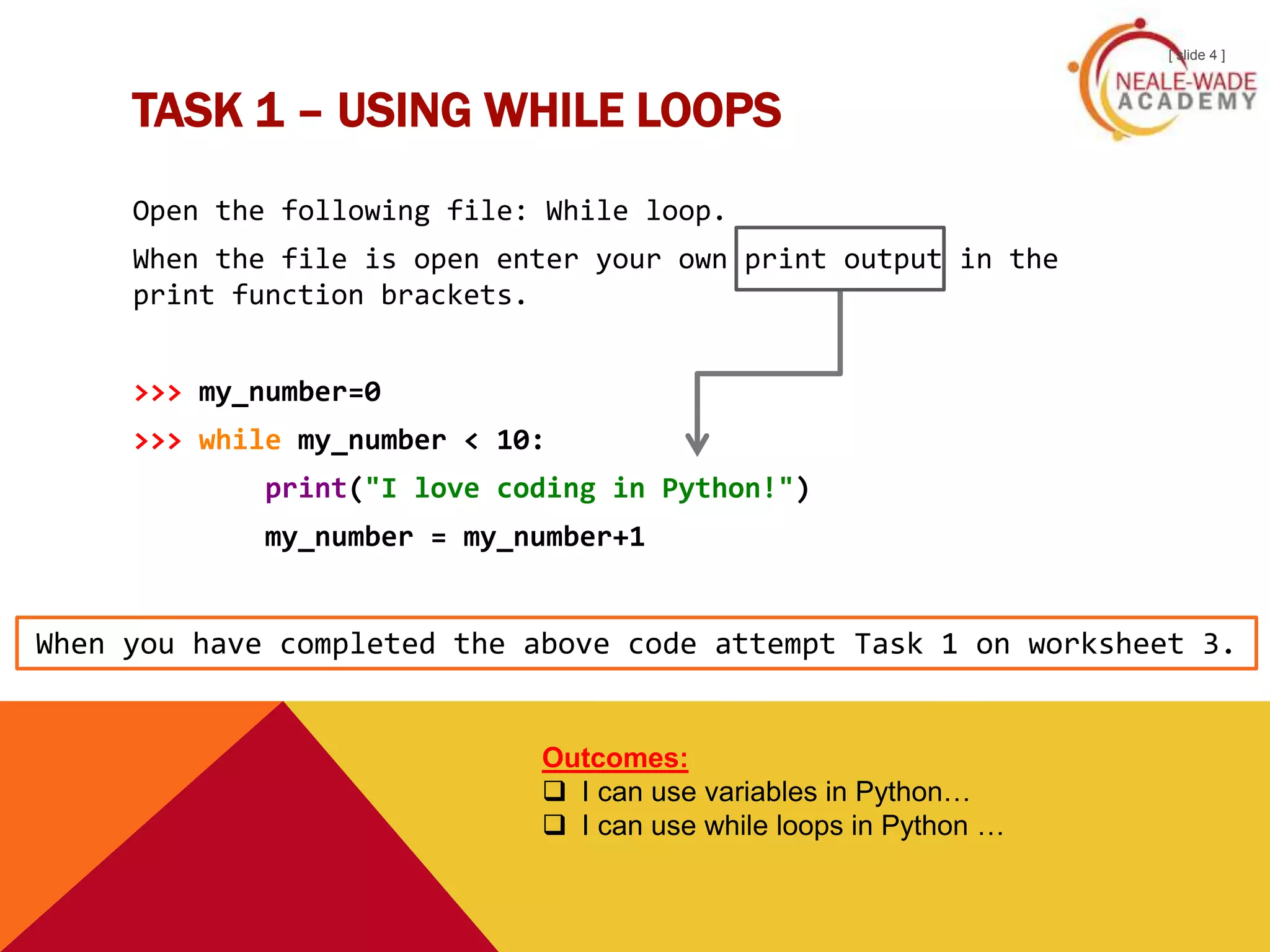 Year 7 lesson 3 variables and while loops | PPTX