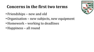 Concerns in the first two terms
•Friendships – new and old
•Organisation – new subjects, new equipment
•Homework – working to deadlines
•Happiness – all round
 