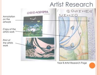 Artist Research
Year 8 Artist Research Page
Annotation
on the
artwork
Copy of the
artists work
Print of
the artists
work
 