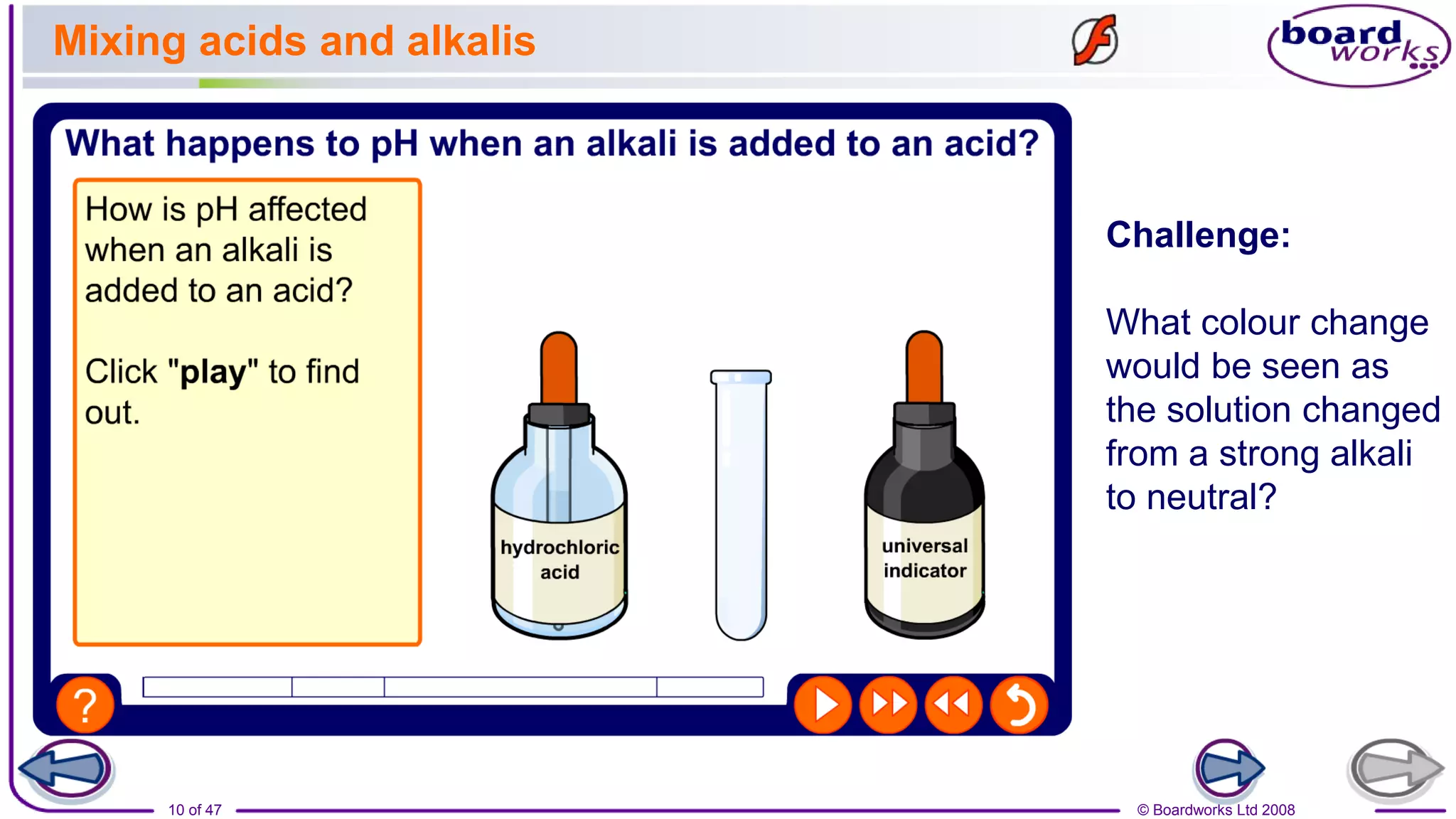 © Boardworks Ltd 2008
10 of 47
Mixing acids and alkalis
Challenge:
What colour change
would be seen as
the solution changed
from a strong alkali
to neutral?
 