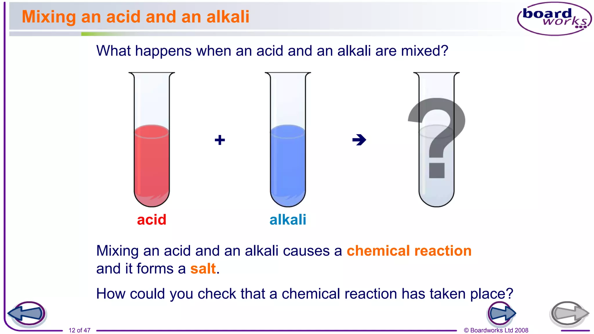 © Boardworks Ltd 2008
12 of 47
Mixing an acid and an alkali
What happens when an acid and an alkali are mixed?
Mixing an acid and an alkali causes a chemical reaction
and it forms a salt.
How could you check that a chemical reaction has taken place?
+ 
acid alkali
 