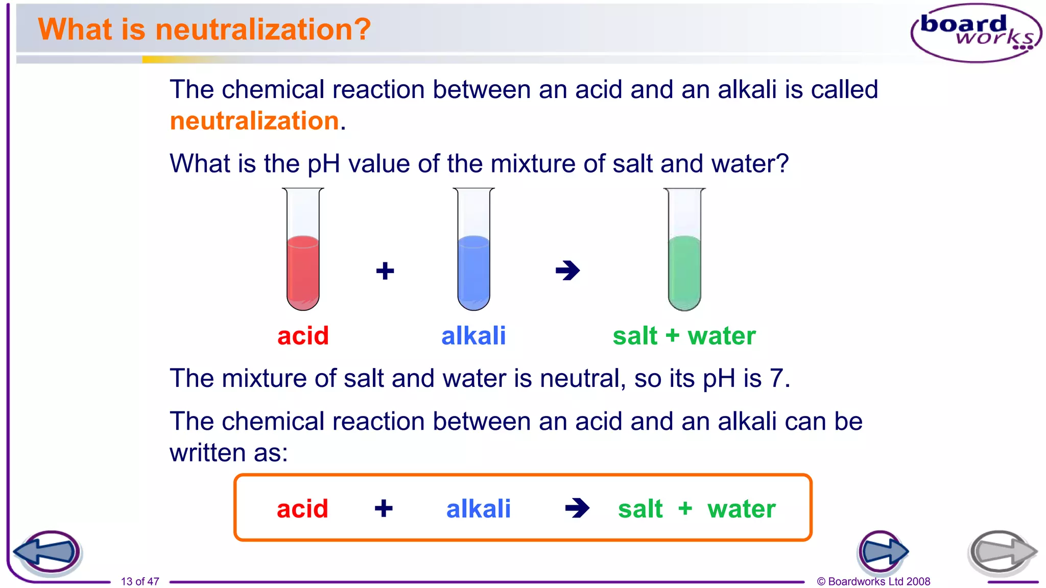 © Boardworks Ltd 2008
13 of 47
What is neutralization?
The chemical reaction between an acid and an alkali is called
neutralization.
What is the pH value of the mixture of salt and water?
The chemical reaction between an acid and an alkali can be
written as:
+ 
acid alkali salt + water
+ 
acid alkali salt + water
The mixture of salt and water is neutral, so its pH is 7.
 