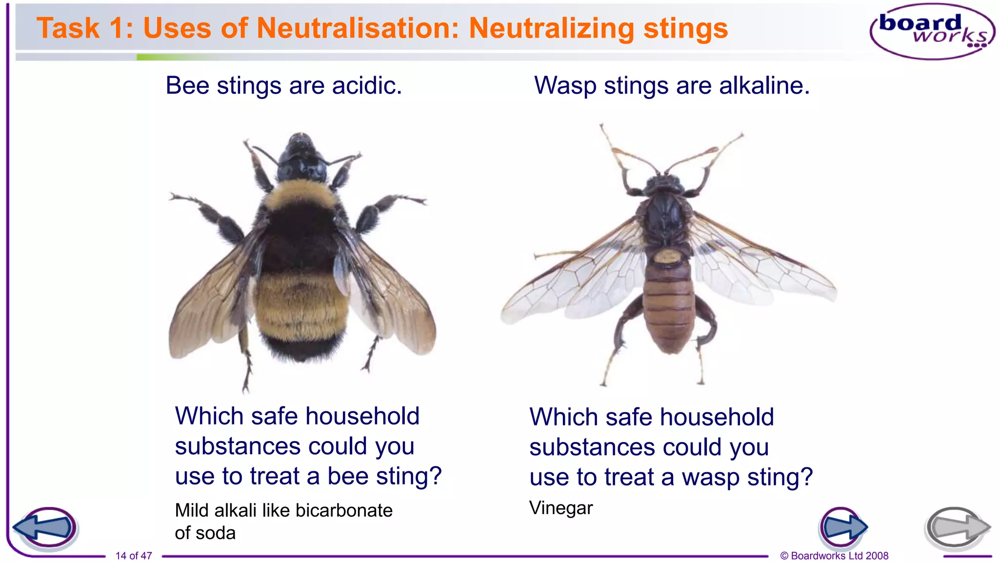 © Boardworks Ltd 2008
14 of 47
Task 1: Uses of Neutralisation: Neutralizing stings
Bee stings are acidic.
Which safe household
substances could you
use to treat a bee sting?
Wasp stings are alkaline.
Which safe household
substances could you
use to treat a wasp sting?
Mild alkali like bicarbonate
of soda
Vinegar
 