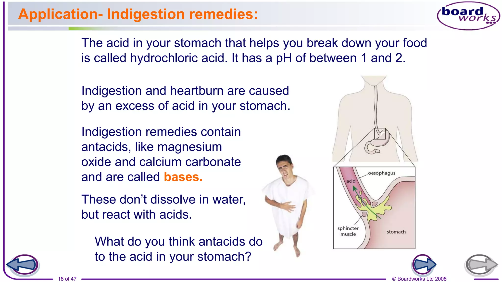 © Boardworks Ltd 2008
18 of 47
Application- Indigestion remedies:
Indigestion and heartburn are caused
by an excess of acid in your stomach.
Indigestion remedies contain
antacids, like magnesium
oxide and calcium carbonate
and are called bases.
These don’t dissolve in water,
but react with acids.
What do you think antacids do
to the acid in your stomach?
The acid in your stomach that helps you break down your food
is called hydrochloric acid. It has a pH of between 1 and 2.
 