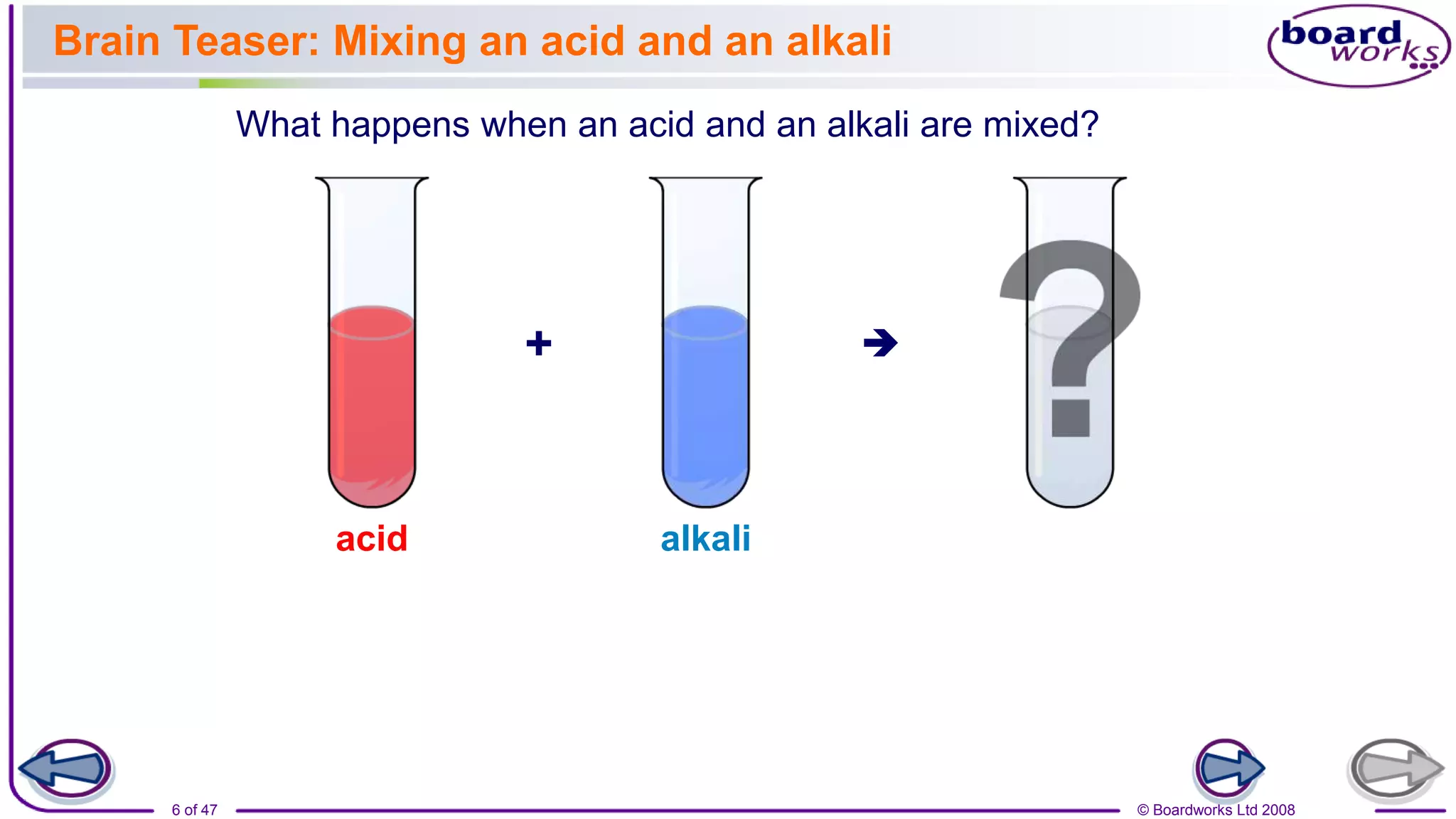 © Boardworks Ltd 2008
6 of 47
Brain Teaser: Mixing an acid and an alkali
What happens when an acid and an alkali are mixed?
+ 
acid alkali
 