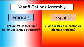 Français
Year 8 Options Assembly
Español
Porquoi est-ce qu’il faut
parler une langue étrangère?
¿Por qué hay que hablar un
idioma extranjero?
 