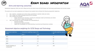 03
Assessment objectives (AOs) are set by Ofqual and are the same across all GCSE Design and Technology specifications and all exam boards.
The exams and non-exam assessment will measure how students have achieved the following assessment objectives.
● AO1: Identify, investigate and outline design possibilities to address needs and wants.
● AO2: Design and make prototypes that are fit for purpose.
● AO3: Analyse and evaluate:
○ design decisions and outcomes, including for prototypes made by themselves and others
○ wider issues in design and technology.
● AO4: Demonstrate and apply knowledge and understanding of:
○ technical principles
○ designing and making principles
○ apply their knowledge and understanding in practical and theoretical contexts.
Aims and learning outcomes
Exam board information
 
