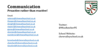 Communication
Proactive rather than reactive!
Email:
ratienza@chewvalleyschool.co.uk
thooper@chewvalleyschool.co.uk
eknight@chewvalleyschool.co.uk
rtaylor2@chewvalleyschool.co.uk
gjones@chewvalleyschool.co.uk
dsinclair@chewvalleyschool.co.uk
esanderson@chewvalleyschool.co.uk
krowlands@chewvalleyschool.co.uk
cbutcher@chewvalleyschool.co.uk
tdunford@chewvalleyschool.co.uk
Twitter:
@MissButcherPE
School Website:
chewvalleyschool.co.uk
 