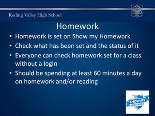Homework
• Homework is set on Show my Homework
• Check what has been set and the status of it
• Everyone can check homework set for a class
without a login
• Should be spending at least 60 minutes a day
on homework and/or reading
 