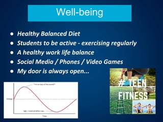 Well-being
● Healthy Balanced Diet
● Students to be active - exercising regularly
● A healthy work life balance
● Social Media / Phones / Video Games
● My door is always open...
 