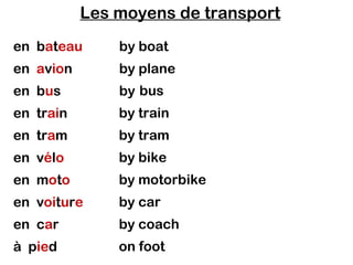 Les moyens de transport
en bateau      by boat
en avion       by plane
en bus         by bus
en train       by train
en tram        by tram
en vélo        by bike
en moto        by motorbike
en voiture     by car
en car         by coach
à pied         on foot
 