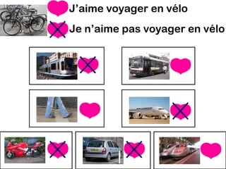 J’aime voyager en vélo
Je n’aime pas voyager en vélo
 