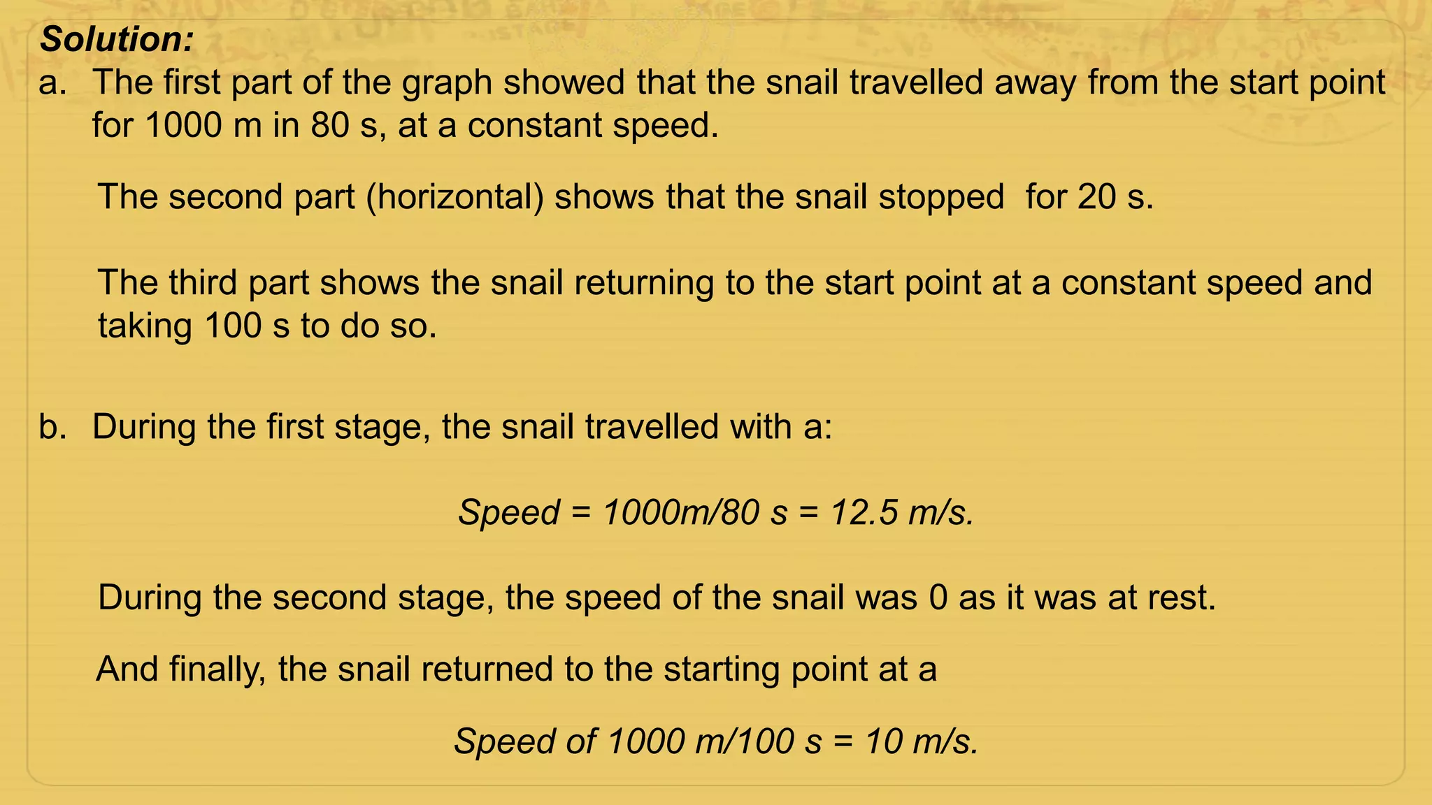 Solution:
a. The first part of the graph showed that the snail travelled away from the start point
for 1000 m in 80 s, at a constant speed.
The second part (horizontal) shows that the snail stopped for 20 s.
The third part shows the snail returning to the start point at a constant speed and
taking 100 s to do so.
b. During the first stage, the snail travelled with a:
Speed = 1000m/80 s = 12.5 m/s.
During the second stage, the speed of the snail was 0 as it was at rest.
And finally, the snail returned to the starting point at a
Speed of 1000 m/100 s = 10 m/s.
 