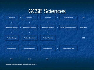 GCSE Sciences Biology 1 + Chemistry 1 + Physics 1 = GCSE Science Y9 + + + Additional Biology + Additional Chemistry + Additional Physics = GCSE Additional Science Y10 -Y11 + + + Further Biology Further Chemistry Further Physics Y11 = = = GCSE Biology  GCSE Chemistry  GCSE Physics  = Triple Science Sets Y11 Y11 Y11 (Modules can only be used to lead to one GCSE. ) 