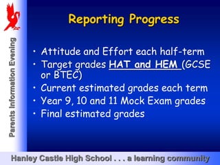 Reporting Progress
Parents Information Evening




                              • Attitude and Effort each half-term
                              • Target grades HAT and HEM (GCSE
                                or BTEC)
                              • Current estimated grades each term
                              • Year 9, 10 and 11 Mock Exam grades
                              • Final estimated grades



       Hanley Castle High School . . . a learning community
 