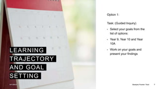 LEARNING
TRAJECTORY
AND GOAL
SETTING
Option 1:
Task: (Guided Inquiry)
• Select your goals from the
list of options:
• Year 9, Year 10 and Year
10A
• Work on your goals and
present your findings
9/1/2023 Sample Footer Text 7
 