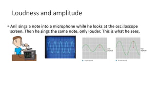 Loudness and amplitude
• Anil sings a note into a microphone while he looks at the oscilloscope
screen. Then he sings the same note, only louder. This is what he sees.
 