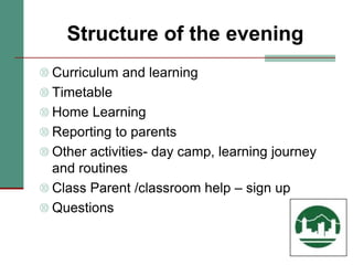 Structure of the evening
 Curriculum and learning
 Timetable
 Home Learning
 Reporting to parents
 Other activities- day camp, learning journey
and routines
 Class Parent /classroom help – sign up
 Questions
 
