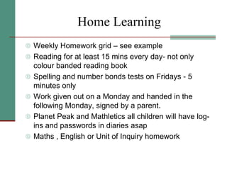 Home Learning
 Weekly Homework grid – see example
 Reading for at least 15 mins every day- not only
colour banded reading book
 Spelling and number bonds tests on Fridays - 5
minutes only
 Work given out on a Monday and handed in the
following Monday, signed by a parent.
 Planet Peak and Mathletics all children will have log-
ins and passwords in diaries asap
 Maths , English or Unit of Inquiry homework
 