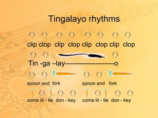 Tingalayo rhythms clip clop  clip  clop clip  clop clip  clop Tin -ga –lay---------------------o spoon and  fork   spoon and  fork come lit - tle  don - key  come lit - tle  don - key   