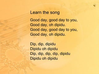 Learn the song Good day, good day to you, Good day, oh dipidu. Good day, good day to you, Good day, oh dipidu. Dip, dip, dipidu Dipidu oh dipidu Dip, dip, dip, dip, dipidu Dipidu oh dipidu 