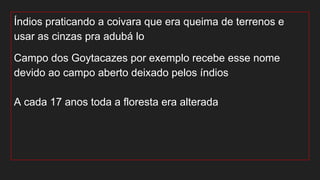 Índios praticando a coivara que era queima de terrenos e
usar as cinzas pra adubá lo
Campo dos Goytacazes por exemplo recebe esse nome
devido ao campo aberto deixado pelos índios
A cada 17 anos toda a floresta era alterada
 
