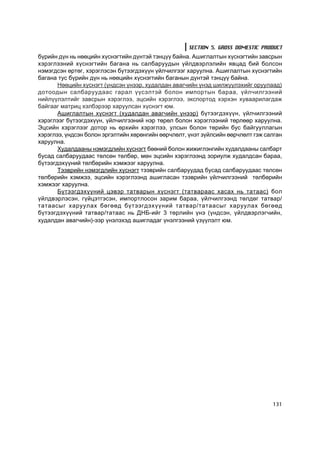 SECTION 5. GROSS DOMESTIC PRODUCT
á¿ðèéí ä¿í íü íººöèéí õ¿ñíýãòèéí ä¿íòýé òýíö¿¿ áàéíà. Àøèãëàëòûí õ¿ñíýãòèéí çàâñðûí
õýðýãëýýíèé õ¿ñíýãòèéí áàãàíà íü ñàëáàðóóäûí ¿éëäâýðëýëèéí ÿâöàä áèé áîëñîí
íýìýãäñýí ºðòºã, õýðýãëýñýí á¿òýýãäýõ¿¿í ¿éë÷èëãýýã õàðóóëíà. Àøèãëàëòûí õ¿ñíýãòèéí
áàãàíà òóñ á¿ðèéí ä¿í íü íººöèéí õ¿ñíýãòèéí áàãàíûí ä¿íòýé òýíö¿¿ áàéíà.
       Íººöèéí õ¿ñíýãò (¿íäñýí ¿íýýð, õóäàëäàí àâàã÷èéí ¿íýä øèëæ¿¿ëýõèéã îðóóëààä)
äîòîîäûí ñàëáàðóóäààñ ãàðàë ¿¿ñýëòýé áîëîí èìïîðòûí áàðàà, ¿éë÷èëãýýíèé
íèéë¿¿ëýëòèéã çàâñðûí õýðýãëýý, ýöñèéí õýðýãëýý, ýêñïîðòîä õýðõýí õóâààðèëàãäàæ
áàéãààã ìàòðèö õýëáýðýýð õàðóóëñàí õ¿ñíýãò þì.
       Àøèãëàëòûí õ¿ñíýãò (õóäàëäàí àâàã÷èéí ¿íýýð) á¿òýýãäýõ¿¿í, ¿éë÷èëãýýíèé
õýðýãëýýã á¿òýýãäýõ¿¿í, ¿éë÷èëãýýíèé íýð òºðºë áîëîí õýðýãëýýíèé òºðëººð õàðóóëíà.
Ýöñèéí õýðýãëýýã äîòîð íü ºðõèéí õýðýãëýý, óëñûí áîëîí òºðèéí áóñ áàéãóóëëàãûí
õýðýãëýý, ¿íäñýí áîëîí ýðãýëòèéí õºðºíãèéí ººð÷ëºëò, ¿íýò ç¿éëñèéí ººð÷ëºëò ãýæ ñàëãàí
õàðóóëíà.
       Õóäàëäààíû íýìýãäëèéí õ¿ñíýãò áººíèé áîëîí æèæèãëýíãèéí õóäàëäààíû ñàëáàðò
áóñàä ñàëáàðóóäààñ òºëñºí òºëáºð, ìºí ýöñèéí õýðýãëýýíä çîðèóëæ õóäàëäñàí áàðàà,
á¿òýýãäýõ¿¿íèé òºëáºðèéí õýìæýýã õàðóóëíà.
       Òýýâðèéí íýìýãäëèéí õ¿ñíýãò òýýâðèéí ñàëáàðóóäàä áóñàä ñàëáàðóóäààñ òºëñºí
òºëáºðèéí õýìæýý, ýöñèéí õýðýãëýýíä àøèãëàñàí òýýâðèéí ¿éë÷èëãýýíèé òºëáºðèéí
õýìæýýã õàðóóëíà.
       Á¿òýýãäýõ¿¿íèé öýâýð òàòâàðûí õ¿ñíýãò (òàòâàðààñ õàñàõ íü òàòààñ) áîë
¿éëäâýðëýñýí, ã¿éöýòãýñýí, èìïîðòëîñîí çàðèì áàðàà, ¿éë÷èëãýýíä òºëäºã òàòâàð/
òàòààñûã õàðóóëàõ áºãººä á¿òýýãäýõ¿¿íèé òàòâàð/òàòààñûã õàðóóëàõ áºãººä
á¿òýýãäýõ¿¿íèé òàòâàð/òàòààñ íü ÄÍÁ-èéã 3 òºðëèéí ¿íý (¿íäñýí, ¿éëäâýðëýã÷èéí,
õóäàëäàí àâàã÷èéí)-ýýð ¿íýëýõýä àøèãëàäàã ¿íýëãýýíèé ¿ç¿¿ëýëò þì.




                                                                                  131
 