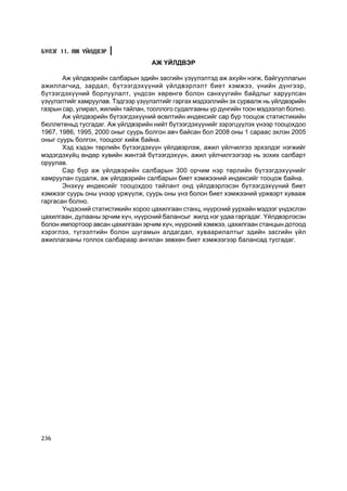 Á¯ËÝÃ 11. ÀÆ YÉËÄÂÝÐ
                                   ÀÆ ¯ÉËÄÂÝÐ

       Àæ ¿éëäâýðèéí ñàëáàðûí ýäèéí çàñãèéí ¿ç¿¿ëýëòýä àæ àõóéí íýãæ, áàéãóóëëàãûí
àæèëëàã÷èä, çàðäàë, á¿òýýãäýõ¿¿íèé ¿éëäâýðëýëò áèåò õýìæýý, ¿íèéí ä¿íãýýð,
á¿òýýãäýõ¿¿íèé áîðëóóëàëò, ¿íäñýí õºðºíãº áîëîí ñàíõ¿¿ãèéí áàéäëûã õàðóóëñàí
¿ç¿¿ëýëòèéã õàìðóóëàâ. Òýäãýýð ¿ç¿¿ëýëòèéã ãàðãàõ ìýäýýëëèéí ýõ ñóðâàëæ íü ¿éëäâýðèéí
ãàçðûí ñàð, óëèðàë, æèëèéí òàéëàí, òîîëëîãî ñóäàëãààíû ¿ð ä¿íãèéí òîîí ìýäýýëýë áîëíî.
       Àæ ¿éëäâýðèéí á¿òýýãäýõ¿¿íèé ºñºëòèéí èíäåêñèéã ñàð á¿ð òîîöîæ ñòàòèñòèêèéí
áþëëåòåíüä òóñãàäàã. Àæ ¿éëäâýðèéí íèéò á¿òýýãäýõ¿¿íèéã çýðýãö¿¿ëýõ ¿íýýð òîîöîõäîî
1967, 1986, 1995, 2000 îíûã ñóóðü áîëãîí àâ÷ áàéñàí áîë 2008 îíû 1 ñàðààñ ýõëýí 2005
îíûã ñóóðü áîëãîí, òîîöîîã õèéæ áàéíà.
       Õýä õýäýí òºðëèéí á¿òýýãäýõ¿¿í ¿éëäâýðëýæ, àæèë ¿éë÷èëãýý ýðõýëäýã íýãæèéã
ìýäýãäýõ¿éö ºíäºð õóâèéí æèíòýé á¿òýýãäýõ¿¿í, àæèë ¿éë÷èëãýýãýýð íü çîõèõ ñàëáàðò
îðóóëàâ.
       Ñàð á¿ð àæ ¿éëäâýðèéí ñàëáàðûí 300 îð÷èì íýð òºðëèéí á¿òýýãäýõ¿¿íèéã
õàìðóóëàí ñóäàëæ, àæ ¿éëäâýðèéí ñàëáàðûí áèåò õýìæýýíèé èíäåêñèéã òîîöîæ áàéíà.
       Ýíýõ¿¿ èíäåêñèéã òîîöîõäîî òàéëàíò îíä ¿éëäâýðëýñýí á¿òýýãäýõ¿¿íèé áèåò
õýìæýýã ñóóðü îíû ¿íýýð ¿ðæ¿¿ëæ, ñóóðü îíû ¿íý áîëîí áèåò õýìæýýíèé ¿ðæâýðò õóâààæ
ãàðãàñàí áîëíî.
       ¯íäýñíèé ñòàòèñòèêèéí õîðîî öàõèëãààí ñòàíö, í¿¿ðñíèé óóðõàéí ìýäýýã ¿íäýñëýí
öàõèëãààí, äóëààíû ýð÷èì õ¿÷, í¿¿ðñíèé áàëàíñûã æèëä íýã óäàà ãàðãàäàã. ¯éëäâýðëýñýí
áîëîí èìïîðòîîð àâñàí öàõèëãààí ýð÷èì õ¿÷, í¿¿ðñíèé õýìæýý, öàõèëãààí ñòàíöûí äîòîîä
õýðýãëýý, ò¿ãýýëòèéí áîëîí øóãàìûí àëäàãäàë, õóâààðèëàëòûã ýäèéí çàñãèéí ¿éë
àæèëëàãààíû ãîëëîõ ñàëáàðààð àíãèëàí çºâõºí áèåò õýìæýýãýýð áàëàíñàä òóñãàäàã.




236
 