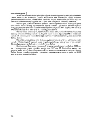 Òîâ÷ òàíèëöóóëãà
       Ýõèéí ýíäýãäýë íü íºõºí ¿ðæèõ¿éí ýð¿¿ë ìýíäèéí àñóóäàëòàé íÿãò óÿëäààòàé þì.
Ýõèéí ýíäýãäýë íü ýõèéí íàñ, òºðºëò õîîðîíäûí çàé, áîëîâñðîë, ýð¿¿ë ìýíäèéí
¿éë÷èëãýýòýé õîëáîîòîé. 100000 àìüä òºðºëòºä íîãäîõ ýõèéí ýíäýãäýë 1993 îíä 259
áàéñàí íü õàìãèéí ºíäºð ¿ç¿¿ëýëò þì. Õàðèí 2007 îíä óëñûí õýìæýýíä 88 áîëîâ.
       Ìîíãîë óëñ ÄÝÌÁ-ûí Íîìõîí äàëàéí Áàðóóí ýðãèéí Á¿ñèéí îðíóóäûí õóâüä
ñ¿ðüåýãèéí ºâ÷ëºë ºíäºð çýðýãëýëòýé 5 îðîíä áàãòäàã. Ñ¿ðüåýãèéí ºâ÷ëºë ñ¿¿ëèéí
æèë¿¿äýä ºñºõ õàíäëàãàòàé áàéãàà áºãººä òàðõàëòûí ò¿âøèí 2004 îíä 100 000 õ¿í àìä
179 íîãäîæ áàéñàí áîë 2007 îíä 167 áîëæ áóóðñàí áàéíà.
       Ìîíãîë óëñûí õýìæýýíä 21.0 ñàÿ ãà òàëáàé á¿õèé ãàçðûã óëñûí òóñãàé õàìãààëàëòàä
àâñíààð óëñûí íèéò ãàçàð íóòãèéí 13.4 õóâèéã ýçëýõ áîëëîî. Öààøèä 2015 îí ãýõýä íèéò
íóòãèéí 30 îð÷èì õóâèéã óëñûí áîëîí îðîí íóòãèéí òóñãàé õàìãààëàëòàä àâàõ çîðèëòòîé
áàéãàà áîëíî.
       Ìàíàé îðíû õóâüä ãàçàð ç¿éí áàéðëàë, óóð àìüñãàëûí îíöëîãîîñ øàëòãààëàí íèéò
íóòãèéí 90 ãàðóé õóâèéã õóóðàé, õàãàñ õóóðàé, õóóðàéâòàð, ÷èéã äóòìàã íóòàã ýçýëäýã.
Îéãîîð á¿ðõýãäñýí òàëáàé íèéò íóòãèéí 7.7 õóâü áàéíà.
       Õîëáîîíû ñàëáàðò øèíý òåõíîëîãèéã èë¿¿ ýð÷èìòýé íýâòð¿¿ëæ áàéíà. 1000 õ¿í
àì òóòàìä íîãäîõ ñóóðèí òåëåôîí öýãèéí òîî 2007 îíä 57 áîëñîí áîë ¿¿ðýí óòàñ
õýðýãëýã÷äèéí òîî 447 áîëæ îéðîëöîîãîîð 2 õ¿í òóòìûí íýã íü ¿¿ðýí óòàñ õýðýãëýã÷ áîëñîí
áàéíà. Çºâõºí ñ¿¿ëèéí íýã æèëèéí õóãàöààíä ë ãýõýä ¿¿ðýí óòàñ õýðýãëýã÷äèéí òîî 405.0
ìÿíãàí õ¿íýýð íýìýãäñýí áàéíà.




46
 