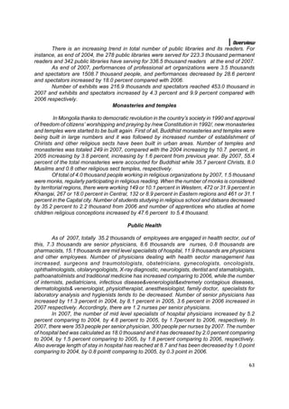 Overview
       There is an increasing trend in total number of public libraries and its readers. For
instance, as end of 2004, the 278 public libraries were served for 223.3 thousand permanent
readers and 342 public libraries have serving for 336.5 thousand readers at the end of 2007.
       As end of 2007, performances of professional art organizations were 3.5 thousands
and spectators are 1508.7 thousand people, and performances decreased by 28.6 percent
and spectators increased by 18.0 percent compared with 2006.
       Number of exhibits was 216.9 thousands and spectators reached 453.0 thousand in
2007 and exhibits and spectators increased by 4.3 percent and 9.9 percent compared with
2006 respectively.
                                  Monasteries and temples

         In Mongolia thanks to democratic revolution in the country’s society in 1990 and approval
of freedom of citizens’ worshipping and praying by /new Constitution in 1992/, new monasteries
and temples were started to be built again. First of all, Buddhist monasteries and temples were
being built in large numbers and it was followed by increased number of establishment of
Chirists and other religious sects have been built in urban areas. Number of temples and
monasteries was totaled 249 in 2007, compared with the 2004 increasing by 10.7 percent, in
2005 increasing by 3.8 percent, increasing by 1.6 percent from previous year. By 2007, 55.4
percent of the total monasteries were accounted for Buddhist while 35.7 percent Christs, 8.0
Musilms and 0.8 other religious sect temples, respectively.
         Of total of 4.0 thousand people working in religious organizations by 2007, 1.5 thousand
were monks, regularly participating in religious reading. When the number of monks is considered
by territorial regions, there were working 149 or 10.1 percent in Western, 472 or 31.9 percent in
Khangai, 267 or 18.0 percent in Central, 132 or 8.9 percent in Eastern regions and 461 or 31.1
percent in the Capital city. Number of students studying in religious school and datsans decreased
by 35.2 percent to 2.2 thousand from 2006 and number of apprentices who studies at home
children religious conceptions increased by 47.6 percent to 5.4 thousand.

                                         Public Health

        As of 2007, totally 35.2 thousands of employees are engaged in health sector, out of
this, 7.3 thousands are senior physicians, 8.6 thousands are nurses, 0.8 thousands are
pharmacists, 15.1 thousands are mid level specialists of hospital, 11.9 thousands are physicians
and other employees. Number of physicians dealing with health sector management has
increased, surgeons and traumotologists, obstetricians, gynecologists, oncologists,
ophthalmologists, otolaryngologists, X-ray diagnostic, neurologists, dentist and stamatologists,
pathoanatolmists and traditional medicine has increased comparing to 2006, while the number
of internists, pediatricians, infectious disease&venerologist&extremely contagious diseases,
dermatologists& venerologist, physiotherapist, anesthesiologist, family doctor, specialists for
laboratory analysis and hygienists tends to be decreased. Number of senior physicians has
increased by 11.3 percent in 2004, by 8.1 percent in 2005, 3.6 percent in 2006 increased in
2007 respectively. Accordingly, there are 1.2 nurses per senior physicians.
        In 2007, the number of mid level specialists of hospital physicians increased by 5.2
percent comparing to 2004, by 4.8 percent to 2005, by 1.7percent to 2006, respectively. In
2007, there were 353 people per senior physician, 300 people per nurses by 2007. The number
of hospital bed was calculated as 18.0 thousand and it has decreased by 2.0 percent comparing
to 2004, by 1.5 percent comparing to 2005, by 1.8 percent comparing to 2006, respectively.
Also average length of stay in hospital has reached at 8.7 and has been decreased by 1.0 point
comparing to 2004, by 0.8 pointt comparing to 2005, by 0.3 point in 2006.

                                                                                               63
 