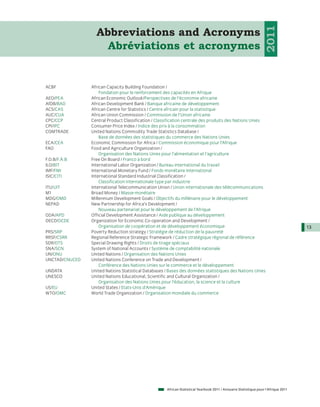 2011
                  Abbreviations and Acronyms
                    Abréviations et acronymes


ACBF            African Capacity Building Foundation /
                    Fondation pour le renforcement des capacités en Afrique
AEO/PEA         African Economic Outlook/Perspectives de l'économie africaine
AfDB/BAD        African Development Bank / Banque africaine de développement
ACS/CAS         African Centre for Statistics / Centre africain pour la statistique
AUC/CUA         African Union Commission / Commission de l’Union africaine
CPC/CCP         Central Product Classification / Classification centrale des produits des Nations Unies
CPI/IPC         Consumer Price Index / Indice des prix à la consommation
COMTRADE        United Nations Commodity Trade Statistics Database /
                    Base de données des statistiques du commerce des Nations Unies
ECA/CEA         Economic Commission for Africa / Commission économique pour l’Afrique
FAO             Food and Agriculture Organization /
                    Organisation des Nations Unies pour l’alimentation et l’agriculture
F.O.B/F.À.B     Free On Board / Franco à bord
ILO/BIT         International Labor Organization / Bureau international du travail
IMF/FMI         International Monetary Fund / Fonds monétaire international
ISIC/CITI       International Standard Industrial Classification /
                    Classification internationale type par industrie
ITU/UIT         International Telecommunication Union / Union internationale des télécommunications
M1              Broad Money / Masse monétaire
MDG/OMD         Millennium Development Goals / Objectifs du millénaire pour le développement
NEPAD           New Partnership for Africa’s Development /
                    Nouveau partenariat pour le développement de l’Afrique
ODA/APD         Official Development Assistance / Aide publique au développement
OECD/OCDE       Organization for Economic Co-operation and Development /
                    Organisation de coopération et de développement économique                                                      13
PRS/SRP         Poverty Reduction strategy / Stratégie de réduction de la pauvreté
RRSF/CSRR       Regional Reference Strategic Framework / Cadre stratégique régional de référence
SDR/DTS         Special Drawing Rights / Droits de tirage spéciaux
SNA/SCN         System of National Accounts / Système de comptabilité nationale
UN/ONU          United Nations / Organisation des Nations Unies
UNCTAD/CNUCED   United Nations Conference on Trade and Development /
                    Conférence des Nations Unies sur le commerce et le développement
UNDATA          United Nations Statistical Databases / Bases des données statistiques des Nations Unies
UNESCO          United Nations Educational, Scientific and Cultural Organization /
                    Organisation des Nations Unies pour l’éducation, la science et la culture
US/EU           United States / Etats-Unis d’Amérique
WTO/OMC         World Trade Organization / Organisation mondiale du commerce




                                                     African Statistical Yearbook 2011 / Annuaire Statistique pour l'Afrique 2011
 