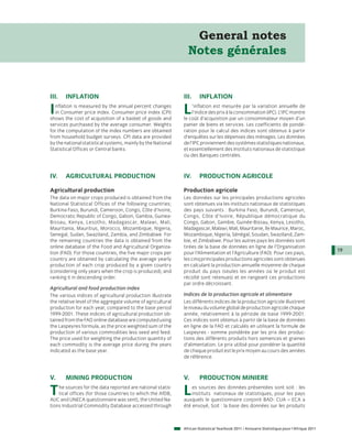 General notes
                                                                Notes générales


III.   INFLATION                                              III.     INFLATION

I  nflation is measured by the annual percent changes
   in Consumer price index. Consumer price index (CPI)
shows the cost of acquisition of a basket of goods and
                                                              L    ’inflation est mesurée par la variation annuelle de
                                                                   l’indice des prix à la consommation (IPC). L’IPC montre
                                                              le coût d’acquisition par un consommateur moyen d’un
services purchased by the average consumer. Weights           panier de biens et services. Les coefficients de pondé-
for the computation of the index numbers are obtained         ration pour le calcul des indices sont obtenus à partir
from household budget surveys. CPI data are provided          d’enquêtes sur les dépenses des ménages. Les données
by the national statistical systems, mainly by the National   de l’IPC proviennent des systèmes statistiques nationaux,
Statistical Offices or Central banks.                         et essentiellement des Instituts nationaux de statistique
                                                              ou des Banques centrales.



IV.    AGRICULTURAL PRODUCTION                                IV.      PRODUCTION AGRICOLE

Agricultural production                                       Production agricole
The data on major crops produced is obtained from the         Les données sur les principales productions agricoles
National Statistical Offices of the following countries;      sont obtenues via les instituts nationaux de statistiques
Burkina Faso, Burundi, Cameroon, Congo, Côte d’Ivoire,        des pays suivants  : Burkina Faso, Burundi, Cameroun,
Democratic Republic of Congo, Gabon, Gambia, Guinea-          Congo, Côte d’Ivoire, République démocratique du
Bissau, Kenya, Lesotho, Madagascar, Malawi, Mali,             Congo, Gabon, Gambie, Guinée-Bissau, Kenya, Lesotho,
Mauritania, Mauritius, Morocco, Mozambique, Nigeria,          Madagascar, Malawi, Mali, Mauritanie, île Maurice, Maroc,
Senegal, Sudan, Swaziland, Zambia, and Zimbabwe. For          Mozambique, Nigeria, Sénégal, Soudan, Swaziland, Zam-
the remaining countries the data is obtained from the         bie, et Zimbabwe. Pour les autres pays les données sont
online database of the Food and Agricultural Organiza-        tirées de la base de données en ligne de l’Organisation
                                                                                                                                             19
tion (FAO). For those countries, the five major crops per     pour l’Alimentation et l’Agriculture (FAO). Pour ces pays,
country are obtained by calculating the average yearly        les cinq principales productions agricoles sont obtenues
production of each crop produced by a given country           en calculant la production annuelle moyenne de chaque
(considering only years when the crop is produced); and       produit du pays (seules les années où le produit est
ranking it in descending order.                               récolté sont retenues) et en rangeant ces productions
                                                              par ordre décroissant.
Agricultural and food production index
The various indices of agricultural production illustrate     Indices de la production agricole et alimentaire
the relative level of the aggregate volume of agricultural    Les différents indices de la production agricole illustrent
production for each year, compared to the base period         le niveau du volume global de production agricole chaque
1999-2001. These indices of agricultural production ob-       année, relativement à la période de base 1999-2001.
tained from the FAO online database are computed using        Ces indices sont obtenus à partir de la base de données
the Laspeyres formula, as the price weighted sum of the       en ligne de la FAO et calculés en utilisant la formule de
production of various commodities less seed and feed.         Laspeyres - somme pondérée par les prix des produc-
The price used for weighting the production quantity of       tions des différents produits hors semences et graines
each commodity is the average price during the years          d’alimentation. Le prix utilisé pour pondérer la quantité
indicated as the base year.                                   de chaque produit est le prix moyen au cours des années
                                                              de référence.



V.     MINING PRODUCTION                                      V.       PRODUCTION MINIERE

T   he sources for the data reported are national statis-
    tical offices (for those countries to which the AfDB,
AUC and UNECA questionnaire was sent), the United Na-
                                                              L   es sources des données présentées sont soit  : les
                                                                  instituts nationaux de statistiques, pour les pays
                                                              auxquels le questionnaire conjoint BAD- CUA – ECA a
tions Industrial Commodity Database accessed through          été envoyé, Soit : la base des données sur les produits



                                                              African Statistical Yearbook 2011 / Annuaire Statistique pour l'Afrique 2011
 