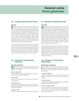 General notes
                                                                  Notes générales


VII. TOURISM AND INFRASTRUCTURE                                 VII. TOURISME ET INFRASTRUCTURE

Tourism                                                         Tourisme

E   xcept for the countries that are listed below, and
    which provided the data on Tourism and Infra-
structure through their National Statistical Offices, the
                                                                A     l’exception des pays énumérés ci-dessous, dont les
                                                                      INS ont communique les données sur le tourisme
                                                                et les infrastructures, les données de cette section sont
data on Tourism have been obtained from the African             tirées du CD-ROM des indicateurs de développement de
Development Indicators CDROM of the World Bank. The             l’Afrique de la Banque mondiale. Les pays qui ont fourni
countries that provided data on Tourism and Infrastruc-         des données sur le tourisme et l’infrastructure sont  :
ture are: Burkina Faso, Burundi, Congo, Djibouti, Côte          le Burkina Faso, le Burundi, le Congo, Djibouti, la Côte
d’Ivoire, Gabon, Gambia, Guinea-Bissau, Kenya, Libyan           d’Ivoire, le Gabon, la Gambie, la Guinée-Bissau, le Kenya,
Arab Jamahiriya, Lesotho, Madagascar, Malawi, Mali,             la Jamahiriya arabe libyenne, le Lesotho, Madagascar, le
Mauritania, Mauritius, Morocco, Mozambique, Nigeria,            Malawi, le Mali, la Mauritanie, l’île Maurice, le Maroc, la
Senegal, Sudan, Swaziland, and Zambia. The last two             Mozambique, le Nigeria, le Sénégal, le Soudan, le Swazi-
countries provided only infrastructure data.                    land, et la Zambie. Ces deux derniers pays n’ont fourni
                                                                que les données d’infrastructures.
The indicators published are the number of arrivals in the
country and the number of hotel rooms. The number of            Les indicateurs publiés sont le nombre d’arrivées dans
tourists to a country, unless otherwise stated, refers to all   le pays et le nombre de chambres d’hôtel. Le nombre de
persons (checked at the frontier) travelling for pleasure,      touristes d’un pays se rapporte, sauf indication contraire,
health, business, meetings or studies and stopping in           à toutes les personnes contrôlées à la frontière et voya-
that country for twenty-four hours or more. The figures         geant pour le plaisir, la santé, les affaires, les réunions
exclude immigrants and residents in a frontier zone.            ou les études, s’arrêtant dans le pays pour vingt-quatre
                                                                heures ou plus. Les données excluent les immigrés et
                                                                résidants frontaliers.
                                                                                                                                               21


VIII. FINANCIAL AND MONETARY                                    VIII. FINANCES ET STATISTIQUES
      STATISTICS                                                MONETAIRES

Monetary Statistics                                             Statistiques monétaires

D    ata for this section are essentially obtained from the
     IMF International Financial Statistics Database and
National Central Banks.
                                                                L   es données de cette section proviennent essentielle-
                                                                    ment des banques centrales africaines et de la base
                                                                de données sur les Statistiques financières internatio-
                                                                nales du FMI.
Money supply (M1)
Money supply comprises transferable deposits and cur-           La masse monétaire
rency outside deposit money banks.                              La masse monétaire au sens strict (M1) comprend les
                                                                dépôts transférables et la circulation fiduciaire hors
Quasi money                                                     banques.
Quasi money comprises time, savings and foreign cur-
rency deposits.                                                 La quasi-monnaie
                                                                La quasi-monnaie englobe les dépôts à terme, les dépôts
Net foreign assets                                              d’épargne et les dépôts en devises.
Net foreign assets equal the sum of foreign assets, less
the sum of foreign liabilities of monetary authorities and      Les avoirs extérieurs nets
deposit money banks.                                            Les avoirs extérieurs nets sont égaux à la somme des
                                                                avoirs extérieurs moins la somme des engagements
Domestic credit                                                 extérieurs des autorités monétaires et des banques
Domestic credit includes all domestic assets of the bank-       créatrices de monnaie.



                                                                African Statistical Yearbook 2011 / Annuaire Statistique pour l'Afrique 2011
 