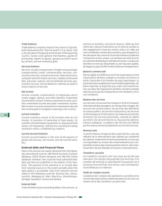 Trade balance                                                            portent sur les biens, services et revenus; celles qui font
           Trade balance is equal to exports less imports of goods,                 naître des créances financières sur le reste du monde ou
           both measured on the "free-on-board" (f.o.b.) basis - that               des engagements financiers envers celui-ci et celles qui
           is, by the value of the goods at the border of the exporting             sont considérées comme des transferts, pour lesquels il y a
           country. Goods cover general merchandise, goods for                      lieu de passer des contre-écritures de manière à solder les
           processing, repairs on goods, goods procured in ports                    transactions à sens unique. Les données de cette section
           by carriers, and non-monetary gold.                                      proviennent des Banques centrales africaines. Lorsque ces
                                                                                    données ne sont pas disponibles ou de mauvaise qualité,
           Services balance                                                         les Rapports pays du FMI ont été utilisés en remplacement.
           Services include transportation (freight and passenger
           transportation); travel; communication services; con-                    Balance commerciale
           struction services; insurance services; financial services;              Elle est égale à la différence entre les exportations et les
           computer and information services; royalties and license                 importations de biens, évalués sur la base f.à.b (franco à
           fees; personal, cultural, and recreational services; gov-                bord) c’est-à-dire à la frontière du pays exportateur. Le
           ernment services. Service Balance is defined as exports                  poste des biens englobe les marchandises générales, les
           minus imports of services.                                               biens importés ou exportés pour subir une transforma-
                                                                                    tion, la valeur des réparations de biens, les biens achetés
           Net income                                                               dans les ports par les transporteurs non-résidents, et l’or
           Income includes compensation of employees which                          non monétaire.
           covers wages, salaries, and other benefits; investment
           income which consist of direct investment income, port-                  Balance des services
           folio investment income and other investment income.                     Les services recouvrent les transports (Fret et transport
           Net income is income received from investments abroad                    international des passagers), la rubrique des voyages, les
           less income paid to foreigners investing in the country.                 services de communication, les services des bâtiments
                                                                                    et travaux publics, les services d’assurance, les services
24         Current transfers                                                        d’informatique et d’information; les redevances et droits
           Current transfers consist of all transfers that do not                   de licence: les services personnels, culturels et relatifs
           involve: (i) transfers of ownership of fixed assets; (ii)                aux loisirs; les services fournis ou reçus par les adminis-
           transfers of funds linked to acquisition or disposal of fixed            trations publiques. La balance des services est définie
           assets; (iii) forgiveness, without any counterparts being                par les revenus moins les paiements au titre des services.
           received in return, of liabilities by creditors.
                                                                                    Revenus nets
           Current account balance                                                  Le poste revenus enregistre deux types de flux: ceux qui
           Current account balance is the sum of net exports of                     relèvent de la rémunération des salariés qui comprend
           goods and services, net income, and net current trans-                   les salaires, traitements et autres prestations; et ceux qui
           fers.                                                                    correspondent au revenu des investissements qui com-
                                                                                    prend les revenus des investissements directs, des inves-
           External debt and Financial Flows                                        tissements de portefeuille et d’autres investissements.
           Data in this section are mainly obtained from the follow-
           ing international sources: IMF World Economic Outlook                    Transferts courants
           database, OECD Online Database and UNCTAD online                         Les transferts courants sont tous ceux qui ne font pas
           database. However, few countries have submitted their                    intervenir i) le transfert de propriété d’un actif fixe, ii) le
           data and they are published in this edition of the Year-                 transfert de fonds lié ou subordonné à l’acquisition ou à
           book. The purpose of the yearbook is to include data                     la cession d’un actif fixe, iii) la remise, sans contrepartie,
           from national sources to the extent possible when the                    d’une dette par un créancier.
           data quality is acceptable. Data from national sources
           relate to the following countries: Burkina Faso, Kenya,                  Solde du compte courant
           Lesotho, Madagascar, Mali, Mauritius, Mozambique,                        La balance des comptes des opérations courantes est la
           Senegal, Swaziland, Tunisia and Zambia.                                  somme des exportations nettes des biens et services, du
                                                                                    revenu net et des transferts courants nets.
           External Debt
           External Debt (total outstanding debt) is the amount, at



     African Statistical Yearbook 2011 / Annuaire Statistique pour l'Afrique 2011
 