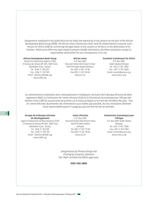 Designations employed in this publication do not imply the expression of any opinion on the part of the African
              Development Bank Group (AfDB), the African Union Commission (AUC) and the United Nations Economic Com-
                mission for Africa (UNECA) concerning the legal status of any country or territory, or the delimitation of its
               frontiers. While every effort has been made to present reliable information, the three institutions accept no
                                         responsibility whatsoever for any consequences of its use.

            African Development Bank Group                                 African union               Economic Commission for Africa
             Temporary Relocation Agency (TRA)                              P.O. Box 3243                         P.O. Box 3001
           13 Avenue du Ghana BP 323, 1002 Tunis                  Roosvelt Street (Old Airport Area)         Addis Ababa Ethiopia
                  Belvédère Tunis, Tunisia                         W21K19 Addis Ababa Ethiopia               Tel: +251 11 551 7200
                   Tel : (216) 71 103 325                              Tel: (251) 11 551 77 00              Fax: +251 11 551 0365
                   Fax : (216) 71 103 743                              Fax:(251) 11 551 78 44              Email: ecainfo@uneca.org
                 Email : Statistics@afdb.org                                 www.au.int                         www.uneca.org
                       www.afdb.org




               Les dénominations employées dans cette publication n’impliquent, de la part de la Banque africaine de déve-
                loppement (BAD), la Commission de l’Union africaine (CUA) et la Commission économique pour l’Afrique des
               Nations Unies (UNECA) aucune prise de position sur le statut juridique ou le tracé des frontières des pays. Tout
                en s’étant efforcées de présenter des informations aussi fiables que possible, les trois institutions déclinent
                                 toute responsabilité quant à l’usage qui pourrait être fait de ces données.

2
              Groupe de la Banque africaine                              Union Africaine                Commission économique pour
                   de développement                                         P.O. Box 3243                           l’Afrique
          Agence Temporaire de Relocalisation (ATR)               Roosvelt Street (Old Airport Area)      P.O. Box 3001 Addis Abeba
           13 Avenue du Ghana BP 323, 1002 Tunis                       W21K19 Addis Abeba                            Ethiopie
                  Belvédère Tunis, Tunisie                                     Ethiopie                      Tel: +251 11 551 7200
                   Tel : (216) 71 103 325                              Tel: (251) 11 551 77 00               Fax:+251 11 551 0365
                   Fax : (216) 71 103 743                              Fax:(251) 11 551 78 44             Email: ecainfo@uneca.org
                 Email : Statistics@afdb.org                                 www.au.int                         www.uneca.org
                       www.afdb.org




                                                            Design/layout by Phoenix Design Aid
                                                               Printing by Scanprint, Denmark
                                                          ISO 14001 certified and EMAS-approved.

                                                                         ISSN 1561-2805




    African Statistical Yearbook 2011 / Annuaire Statistique pour l'Afrique 2011
 