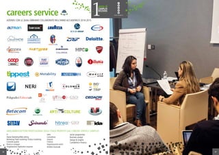 AREE/AMBITI/SETTORI PROFESSIONALI DEGLI STAGE PROPOSTI DAL CAREERS SERVICE CAMPLUS:
IT
Digital Marketing/Web editing
Marketing/ Trade marketing/ Product marketing
Controllo qualità
Ricerca e sviluppo
Progettazione/ Application engineer
Sales
Consulenza
Acquisti
Chimica
Organizzazione eventi
Ambito musicale
careers service
26
Junior programmer
Business analyst
Design & Graphic
Contabilità e finanza
AZIENDE CON LE QUALI ABBIAMO COLLABORATO NELL’ANNO ACCADEMICO 2014-2015
27
 