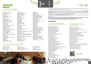 Accenture Technology Solutions, Milano
Akhela, Cagliari
Alstom Transport, Bologna
Anthea Consulting s.r.l., Bologna
Aptuit,Verona
Autoware,Vicenza
Azienda Ospedaliera di Carpi, Carpi
Banca d’Italia, Roma
BASF, Bari
B.C. Byzas Milano, Milano
BELLCO s.r.l., Modena
Best Union Company S.p.A., Bologna
Business Integration Partners, Milano
Cariparma, Parma
CF Partners - Corporate Finance,Vicenza
Chemprod s.r.l., Milano
CINECA, Bologna
Coesia S.p.A., Bologna
Consorzio turistico Valle dei Templi,Agrigento
Cooperativa Nazareno, Carpi
Corriere del Mezzogiorno, Lecce
Credem, Reggio Emilia
CRIF, Bologna
De Filippis dal 1877 Gioiellieri, Foggia
Dhitech Scarl - Distretto Tecnologico Pugliese, Lecce
De Agostini Scuola, Milano
Deloitte Consulting, Milano
Dong & Partners Law Firm, Bologna
Ducati Corse, Bologna
E. On Livorno Ferraris power plant, Mantova
Edison S.p.A., Milano
Engineering Ingegneria Informatica S.p.A., Bologna
Eni, Milano
ENI Tecnomare, Milano
ENOI S.p.A., Milano
EPAFLEX COSTRUCTION CHEMICALS, Milano
Ernst & Young, Roma
Ferrari, Maranello
FIFA, Bologna
Flashvideo.it, Bologna
Fondazione Teatro di San Carlo, Napoli
Footprint - i-Side, Milano
Foster Wheeler, Milano
GettyCMS - Getting Things Done, Cuneo
Gruppo Finmatica, Bologna
GVM Care&Research, Bologna
H3G, Milano
Havas Worldwide, Milano
HERA, Bologna
HTW Sas,Verona
Igb Consulting s.r.l., Bergamo
IKEA Group, Milano
Il Sole 24 ore, Milano
Immediando, Milano
Info Solution, Milano
Inumele s.r.l., Bologna
IORIO SGARAMELLA, Foggia
Ipercoop Sicilia S.p.A., Palermo
IPI, Perugia
Istituto Ortopedico Rizzoli, Bologna
ItaliaCamp, Roma
Italiansubs, Bologna
J.P. Morgan, Milano
Juventus FC,Torino
Kensington Risk Management S.p.A., Milano
Kirby Company, Bologna
KPMG, Milano
KPMG Advisory, Business Unit Enterprise Solutions, Bologna
La Bottega Editoriale, Reggio Calabria
Ligabue S.p.A.,Trento
Linetech Italia s.r.l., Bologna
MAC DUE Automatic Packaging Machines, Reggio Emilia
Magneti Marelli S.p.A. - Electronic Systems and Powertrain,
Bologna
Manutencoop Facility Management S.p.A., Bologna
Marelli&berta Interfodere Sas,Thiene
Marsh, Milano
McKinsey & Company, Milano
Metropolitana Milanese S.p.A., Milano
Milestone, Milano
MIR Cinematografica, Milano
Mikamai s.r.l., Bologna
ALCUNE DELLE AZIENDE ITALIANE
IN CUI LAVORANO EX STUDENTI CAMPLUS
alumniNETWORK ITALIA
MOXOFF, Milano
Nestlé S.A., Milano
Netycom s.r.l.,Verbania
NoemaLife, Bologna
Openjobmetis S.p.A., Bologna
Ospedale Civile SS Annunziata, Sassari
Osservatori Digital Innovation, Milano
Paramed Medical Systems, Genova
Philip Morris International, Bologna
Poltrona Frau,Tolentino
Prometeia, Bologna
Quotidiano.net, Bologna
Restauri Innovativi Tecnologici s.r.l., Bologna
Saipem, Milano
Security Group, Bologna
SIAD s.r.l., Bolgna
Siemens, Milano
Siweiya, Bologna
SK hynix, Milano
Strategie, Piacenza
Studio Acale,Ancona
Studio Legale Associato Masi, Bologna
Studio Legale Avv. Donato Gargano, Bari
Studio legale Chimento, Catania
Studio Legale Resca Barbuto, Bologna
Studio Legale Rucellai e Raffaelli, Bologna
Studio Legale Sparti, Palermo
Studio Proima s.r.l.,Ascoli Piceno
Studio Seminara, Reggio Calabria
T’a Sentimento Italiano, Milano
Tecnomatic,Teramo
The IT Group Italia, Siracusa
Tenova, Milano
Toyota Material Handling Europe, Bologna
UNIFIDI Emilia Romagna, Bologna
Verona University Hospital (Azienda
Ospedaliera Universitaria Integrata),Verona
Vodafone, Bologna
Zucchero&Fornaciari Music s.r.l., Bologna
ALCUNE DELLE UNIVERSITÀ E DEGLI ENTI ITALIANI
IN CUI LAVORANO EX STUDENTI CAMPLUS
Agenzia delle Entrate, Genova
Camera dei Deputati, Roma
Corte dei conti, Roma
Fondazione Ceur - Camplus, Bologna
INFN - CNAF, Bologna
28
Jones Day, Milano
Laboratorio MIST E-R, Bologna
Museo San Benedetto, Catania
Osservatorio Astronomico di Roma-INAF, Roma
UK Trade & Investment, Milano
Università di Bologna, Bologna
Università Commerciale Luigi
Bocconi, Milano
Università degli Studi di Catania
Università degli Studi di Torino
Per molti studenti l’esperienza vissuta nelle residenze universitarie Camplus è stata importante ed estremamente formativa e continua
a contraddistinguere gli studenti anche negli anni successivi alla laurea.
Gli Alumni stessi, consapevoli del valore che Camplus ha rivestito durante i loro anni universitari, hanno dato vita all’Associazione
Alumni Camplus che riunisce ex studenti che hanno già qualche anno di esperienza e che costituiscono un patrimonio di conoscenze,
competenze ed anche occasioni occupazionali di prim’ordine. L’Associazione lavora attivamente per mantenere vivo e attivo lo spirito
di collaborazione e collegialità tra coloro che hanno studiato nelle residenze Camplus.
L’obiettivo è creare un network interdisciplinare ed eclettico che possa continuare a crescere ed arricchirsi umanamente e
professionalmente.
Gli Alumni stanno diventando un punto di riferimento per l’orientamento al lavoro con l’obiettivo di creare dei
punti di contatto tra chi è già inserito da tempo nel mondo professionale e chi vi sta entrando.
L’Associazione si propone di realizzare ciò anche attraverso workshop e attività di mentoring.
NETWORK ESTERO
Akasha Innovation, Londra, Regno Unito
Amadeus IT Group, Nizza, Francia
Avalon Distribution, Londra, Regno Unito
Baker & McKenzie Abogados, Madrid, Spagna
Barcelona IVF,Tarragona, Spagna
Barclays Investment Bank, Oxford, Regno Unito
BBC News Channel, Londra, Regno Unito
Big Other Film Ltd, Londra, Regno Unito
Bufete Acedo, Ginevra, Svizzera
Burberry, Londra, Regno Unito
DACHSER GmbH & Co. KG, Northampton, Regno Unito
Datum Wide Spectral, Beirut, Libano
Decathlon,Turchia
Deloitte, Dubai, Emirati Arabi Uniti
DuPont, Philadelphia, Stati Uniti
EY, Bromley, Regno Unito
EU Indonesia Business Network, Jakarta
FIDM, Los Angeles, Stati Uniti
Fox Television, Parigi, Francia
Fresh Health, Rio de Janeiro, Brasile
Freshfields Bruckhaus Deringer, Hong Kong, Cina
glh. Hotels, Londra, Regno Unito
Greiner Bio-One Diagnostics, Rainbach,Austria
Grotius Centre for International Legal Studies,Aia, Paesi Bassi
GSK (GlaxoSmithKline), Brentford, Regno Unito
IESE Business School, Barcellona, Spagna
IHS, Londra, Regno Unito
International Consulting Expertise & ACP Secretariat, Bruxelles, Belgio
Kayser-Roth Corporation, New York, Stati Uniti
MSC Mediterranean Shipping Co. S.A., Ginevra, Svizzera
NBCUniversal, Los Angeles, Stati Uniti
NoemaLife, Città del Messico, Messico
Parti Socialiste, Parigi, Francia
Sanofi, San Paolo, Brasile
SFR, Parigi, Francia
Siemens,Ticino, Svizzera
SteamOne, Parigi, Francia
Sucden do Brasil, San Paolo, Brasile
Telespazio VEGA Deutschland GmbH, Germania
TIMWE, Lisbona, Portogallo
Workday, Dublino, Irlanda
HouseTrip, Londra, Regno Unito
ALCUNE DELLE AZIENDE ALL’ESTERO
IN CUI LAVORANO EX STUDENTI CAMPLUS
ALCUNE DELLE UNIVERSITÀ E DEGLI
ENTI ALL’ESTERO IN CUI LAVORANO
EX STUDENTI CAMPLUS
Aarhus University,Aarhus, Danimarca
Aberystwyth University, Shrewsbury, Regno Unito
Commissione europea, Bruxelles, Belgio
Conselleria d’Educació de la Comunitat Valenciana,Valencia, Spagna
Deloitte Middle East, Doha, Qatar
HouseTrip, Londra, Regno Unito
Institute for Governance and Sustainable Development, Munbai, India
International Growth Centre, Dacca, Bagladesh
KIP International School,Winnipeg, Canada
Laboratoire d’Astrophysique de Marseille, Marsiglia, Francia
London Stock Exchange Group plc, Londra, Regno Unito
Ludwig Institute for Cancer Research, Oxford, Regno Unito
M.A.I.E, Caracas,Venezuela
Micron Technology, Boise, Stati Uniti
Queen Mary, University of London, Londra, Regno Unito
ReDeal, Londra, Londra, Regno Unito
Ross School, New York, Stati Uniti
Timbuktu Labs, San Francisco, Stati Uniti
Tsinghua University, Beijing, Cina
UNESCO, Parigi, Francia
Unité d’EEG et d’exploration de l’épilepsie Service de Neurologie/Hôpitaux
Universidad Católica San Antonio de Murcia, UCAM, Murcia, Spagna
Universidad de Zaragoza, Saragozza, Spagna
Université de Genève, Ginevra, Svizzera
Université de Marne la Vallée, Parigi, Francia
University of Pittsburgh, Pittsburg, Stati Uniti
University P.Curie UPMC-Paris6, Parigi, Francia
29
 