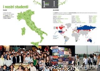 I Camplus Alma Mater,
Bononia e San Felice ospitano
325 studenti, 300 sono
studenti italiani provenienti
da tutte le regioni.
i nostri studenti
ITALIANI
4
DAL MONDO
65 studenti sono giunti in Camplus da 18 paesi del mondo portando nelle nostre strutture la loro personale storia, la
tradizione e la cultura dei paesi da cui provengono.
Regno Unito 3 Studenti
Francia 1 Studente
Germania 1 Studente
Giappone 1 Studente
Repubblica Sudafricana 1 Studente
Croazia 1 Studente
Australia 2 Studenti
Bielorussia (Russia Bianca) 1 Studente
Argentina 1 Studente
Canada 1 Studente
Colombia 1 Studente
Corea del Sud 1 Studente
Serbia 1 Studente
Russia 1 Studente
Spagna 2 Studenti
Turchia 1 Studente
USA 44 Studenti
Brown University
4 Studenti
Spring Hill College
40 Studenti
Romania 1 Studente
5
 