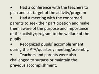 • Had a conference with the teachers to
plan and set target of the activity/program
• Had a meeting with the concerned
parents to seek their participation and make
them aware of the purpose and importance
of the activity/program to the welfare of the
pupils.
• Recognized pupils’ accomplishment
during the PTA/quarterly meeting/assembly.
• Teachers and parents were also
challenged to surpass or maintain the
previous accomplishment.
 