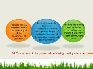 MIES continues in its pursuit of delivering quality education .
Realizing the EFA
program which is
the ultimate goal
of the
Department of
Education.
To carry this out, the
following
efforts/initiatives was
made: putting the pupils’
welfare as the center of
the educative process and
major decisions;
adapting the existing
policies in the
curriculum and
making it responsive
to the community’s
needs
 