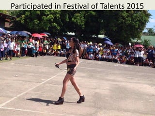 Princess S. Agpoon
Participated in Festival of Talents 2015
Search for Mr. & Ms. Sariaya West 2015
Joined the Math Fair 2015
 Mathalinong Guro
Princess S. Agpoon- Championed the
Division Level
(1)Led the PTA General Assembly and Quarterly
Homeroom Meeting
(2)Trained selected pupils in different
contests/competitions
 