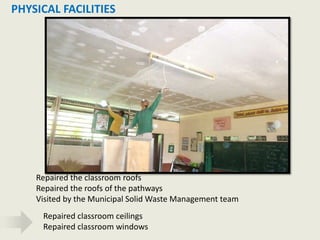 Repaired classroom ceilings
Repaired classroom windows
Repaired the classroom roofs
Repaired the roofs of the pathways
Visited by the Municipal Solid Waste Management team
PHYSICAL FACILITIES
 