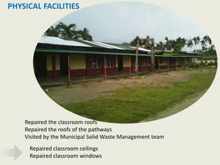 Repaired classroom ceilings
Repaired classroom windows
Repaired the classroom roofs
Repaired the roofs of the pathways
Visited by the Municipal Solid Waste Management team
PHYSICAL FACILITIES
 