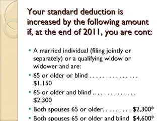 Your standard deduction is increased by the following amount if, at the end of 2011, you are cont: A married individual (filing jointly or separately) or a qualifying widow or widower and are: 65 or older or blind . . . . . . . . . . . . . . . $1,150 65 or older and blind .. . . . . . . . . . . . . $2,300 Both spouses 65 or older. . . . . . . . . $2,300* Both spouses 65 or older and blind  $4,600* 