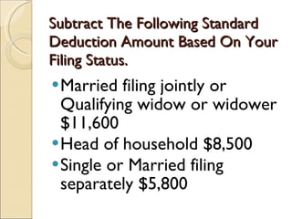 Subtract The Following Standard Deduction Amount Based On Your Filing Status. Married filing jointly or Qualifying widow or widower $11,600 Head of household $8,500 Single or Married filing separately $5,800 