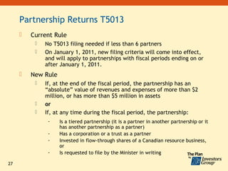 Partnership Returns T5013
        Current Rule
             No T5013 filing needed if less than 6 partners
             On January 1, 2011, new filing criteria will come into effect,
              and will apply to partnerships with fiscal periods ending on or
              after January 1, 2011.
        New Rule
             If, at the end of the fiscal period, the partnership has an
              “absolute” value of revenues and expenses of more than $2
              million, or has more than $5 million in assets
             or
             If, at any time during the fiscal period, the partnership:
               -    Is a tiered partnership (it is a partner in another partnership or it
                    has another partnership as a partner)
               -    Has a corporation or a trust as a partner
               -    Invested in flow-through shares of a Canadian resource business,
                    or
               -    Is requested to file by the Minister in writing

27
 