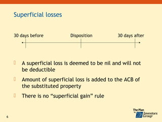 Superficial losses


    30 days before          Disposition          30 days after




       A superficial loss is deemed to be nil and will not
        be deductible
       Amount of superficial loss is added to the ACB of
        the substituted property
       There is no “superficial gain” rule


6
 