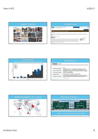 Year in IPC 6/23/17
Andreas Voss 8
Candida auris
Chowdhary et al. PLoS Pathog 13(5): e1006290
¤ difficult to diagnose
¤ vastly transmissible
¤ multi-drug-resistant
¤ highly virulent
¤ trouble to eliminate
Chowdhary et al. PLoS Pathog 13(5): e1006290