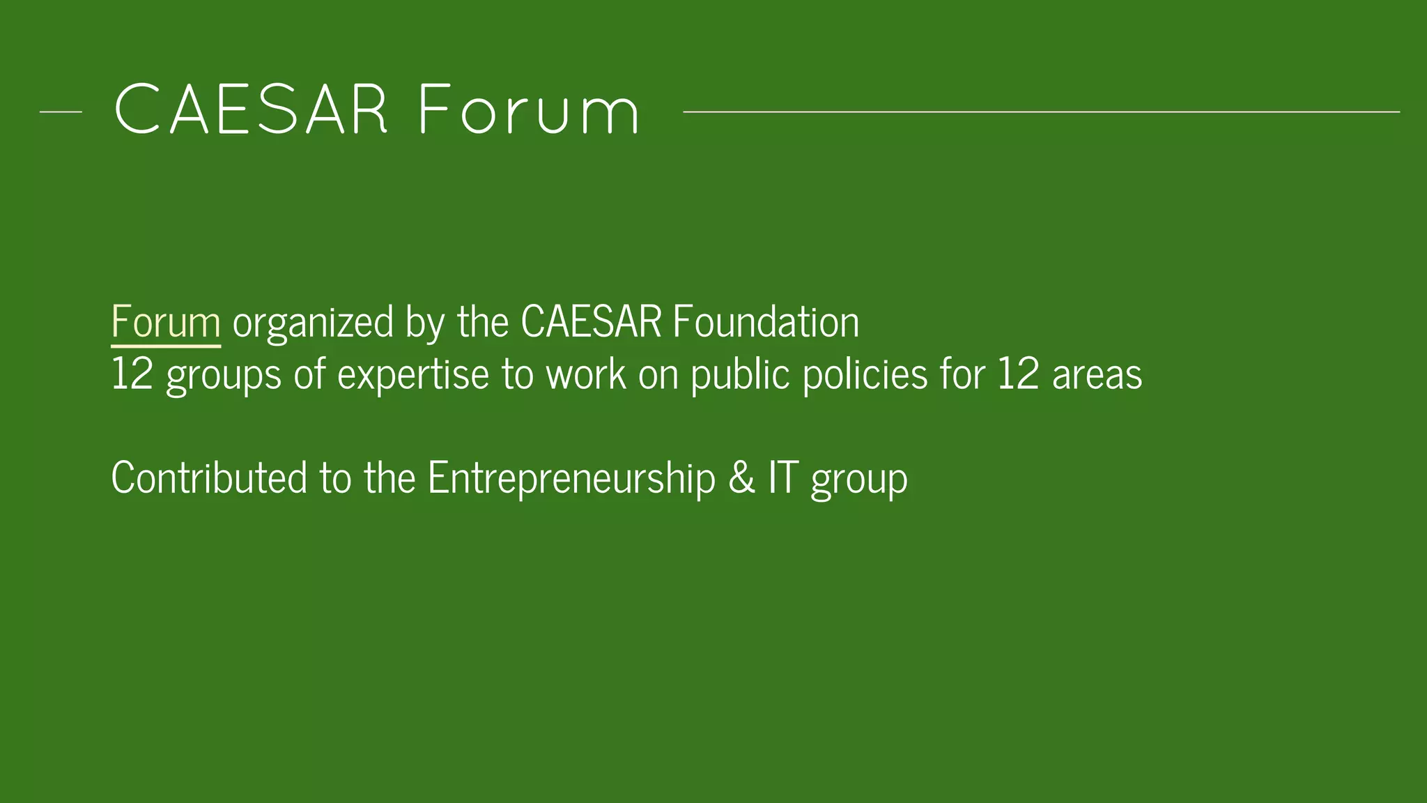 CAESAR Forum
Forum organized by the CAESAR Foundation
12 groups of expertise to work on public policies for 12 areas
Contributed to the Entrepreneurship & IT group
 